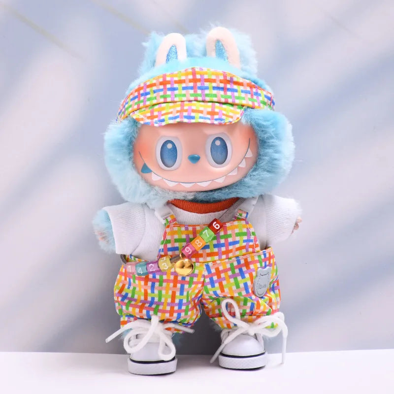 Rainbow Dopamine-Style Overall & Hat Set 15/17cm Plush Doll'S Clothes Labubu I II Idol Dolls Sitting Party Accessories Kids Gift