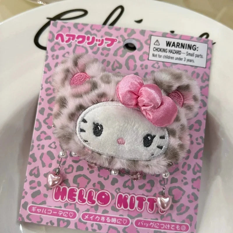 Sanrio Leopard Print Plush Hairpin Hello Kitty Hair Clip Lady Bangs Side Barrette latte KT cat Girls Headwear Hair Accessories
