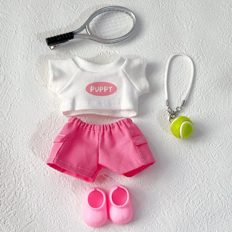 Labubu 1-3 Gen Outfits Purple/Pink T-Shirt Cargo Pants Set Tennis Bag Racket Purple Shoes/Headphones Labubu Doll Accessories