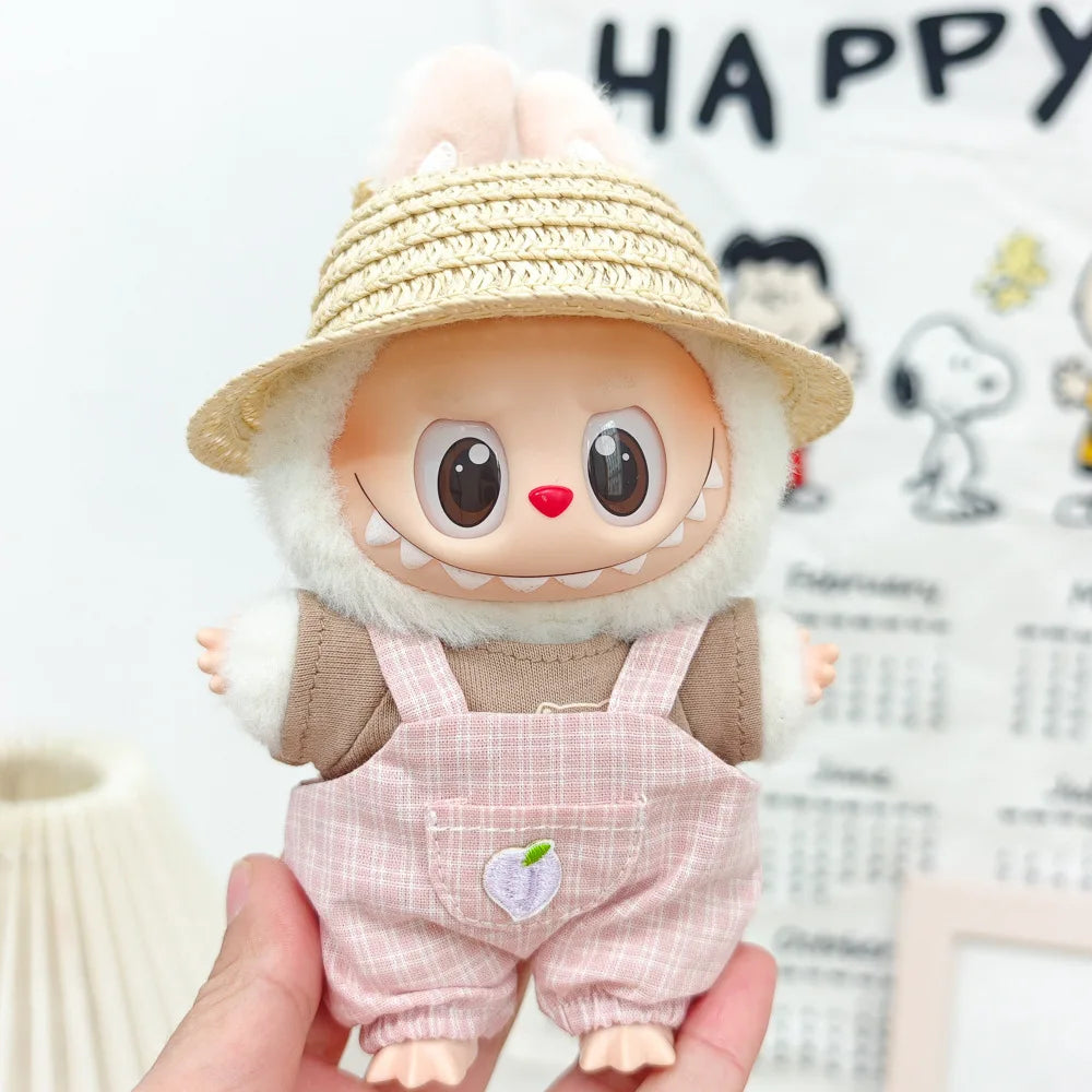 15cm/17cm Labubu Doll Clothing Sitting Party First And Second Generation Summer Straw Hat Short Sleeve Pants Set Accessories