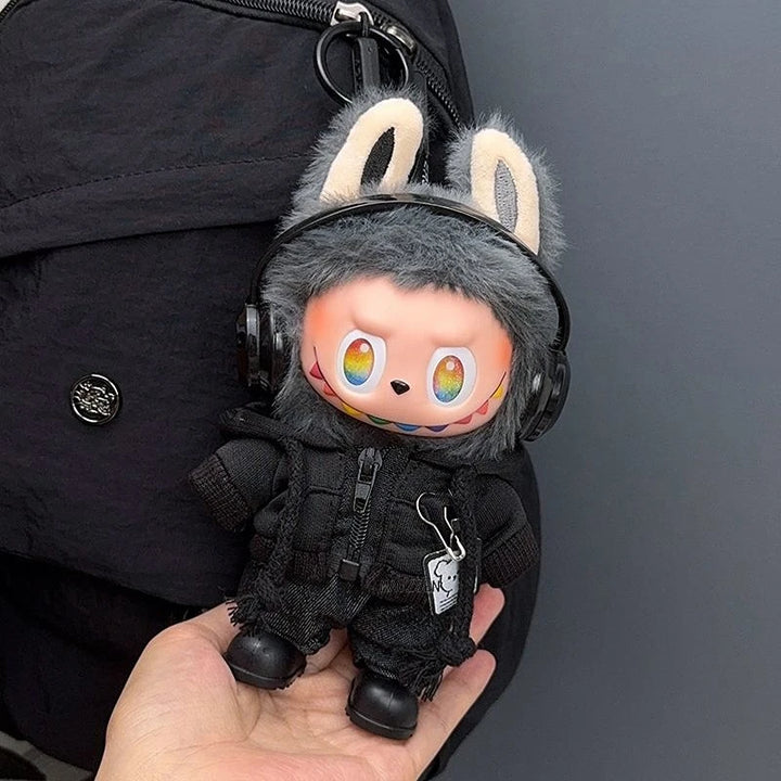 15/17cm Labubu Doll Clothes 1st/2nd/3rd Gen Fit Mr. Black Bear Hoodie Set with Headphone Plush Toy Outfits Halloween Decor