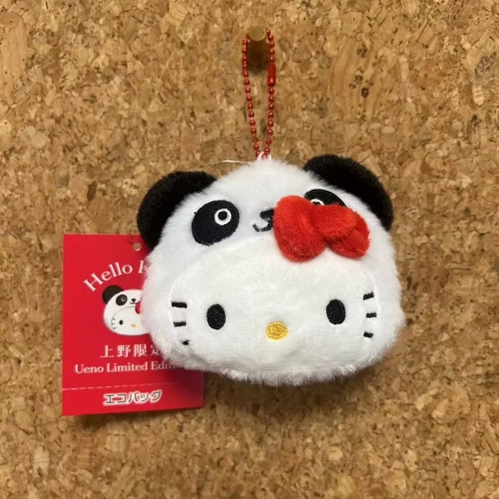 7Cm Sanrio Hello Kitty Plush Toy Doll Backpack Keychain Ueno panda headgear series Kawaii Cartoon  Creative Bag Decorations Gift