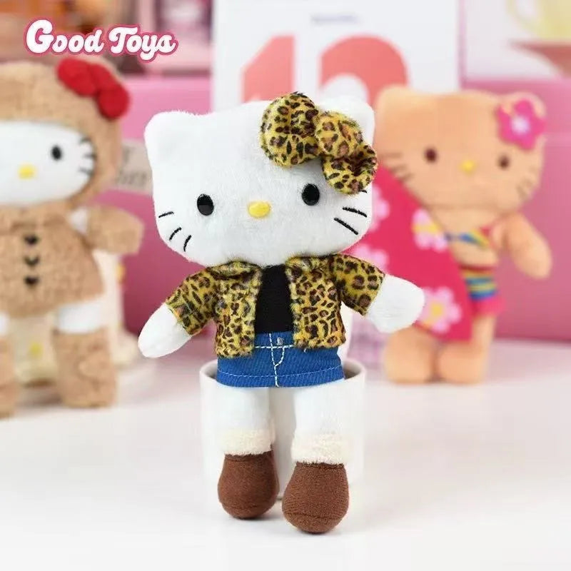 Kawaii Sanrio Hello Kitty Anniversary Long Legs Leopard Black Leather Plush Toys Backpack Pendant Keychain Girl's Holiday Gifts