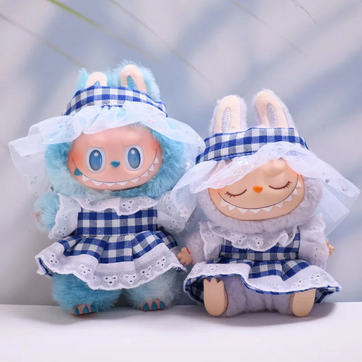 Blue Plaid Dress & Hair Bow Set 15/17cm Plush Doll'S Clothes Labubu I II Idol Dolls Sitting Party Accessories Kids Gift