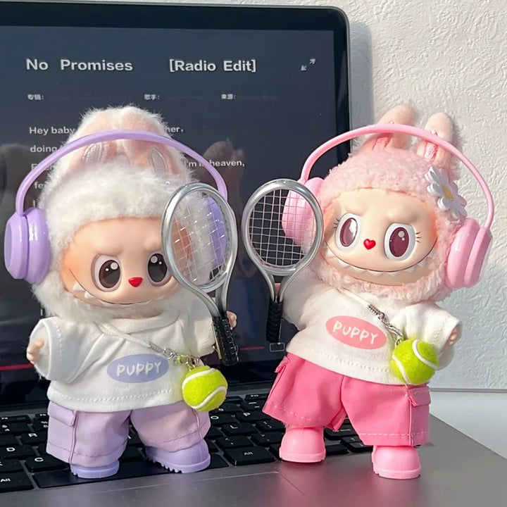 Labubu 1-3 Gen Outfits Purple/Pink T-Shirt Cargo Pants Set Tennis Bag Racket Purple Shoes/Headphones Labubu Doll Accessories