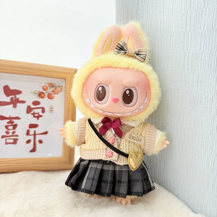 17cm Labubu Idol Doll Plush Doll Checkered Black Yarn Maid Dress JK Skirt Clothing Accessories Korean Kpop Exo Girl Gift