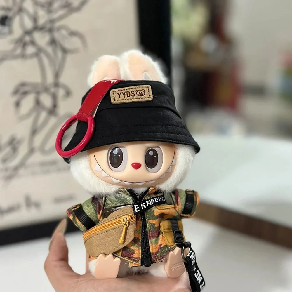 15/17cm Labubu Clothes Trendy Fisherman Hat Camouflage Suit Kawaii Mini V1 V2 V3 Labubu Clothing Plush Doll Accessories Gift