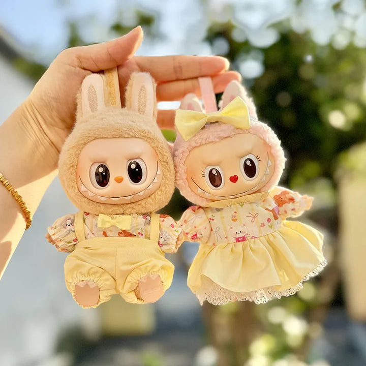 15cm/17cm Labubu Doll Clothing Sitting Party Doll Changing Small Animal Yellow Flower Skirt Strap Pants Couple Dress DIY Gift