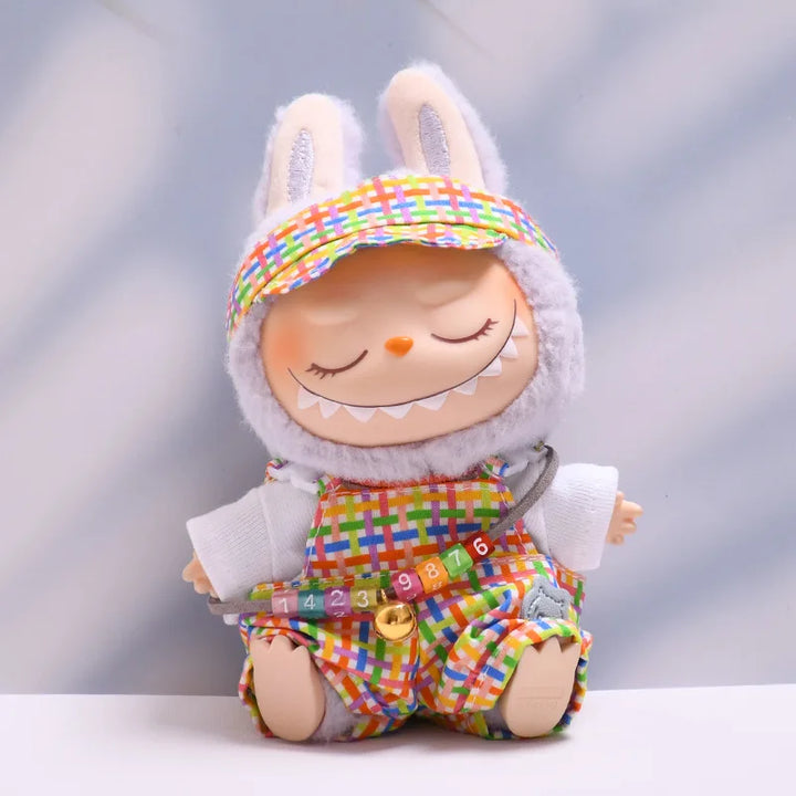 Rainbow Dopamine-Style Overall & Hat Set 15/17cm Plush Doll'S Clothes Labubu I II Idol Dolls Sitting Party Accessories Kids Gift