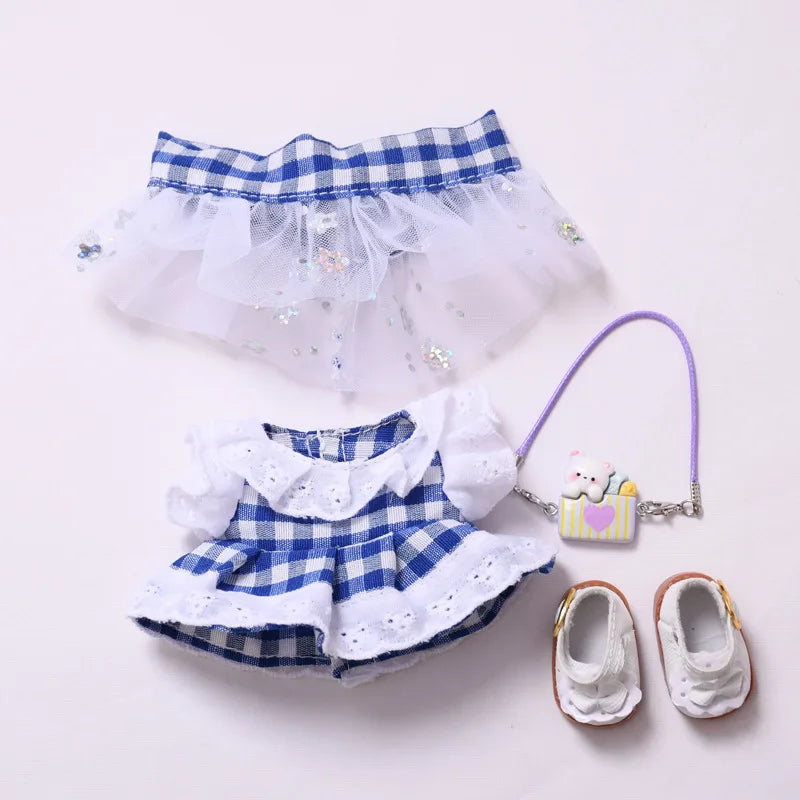Blue Plaid Dress & Hair Bow Set 15/17cm Plush Doll'S Clothes Labubu I II Idol Dolls Sitting Party Accessories Kids Gift