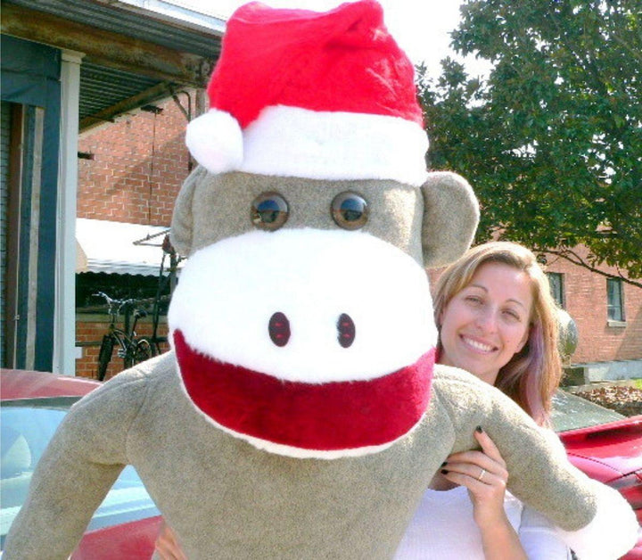 American Made Giant Sock Monkey Dressed for Christmas 6 Feet Tall - Brand My Case