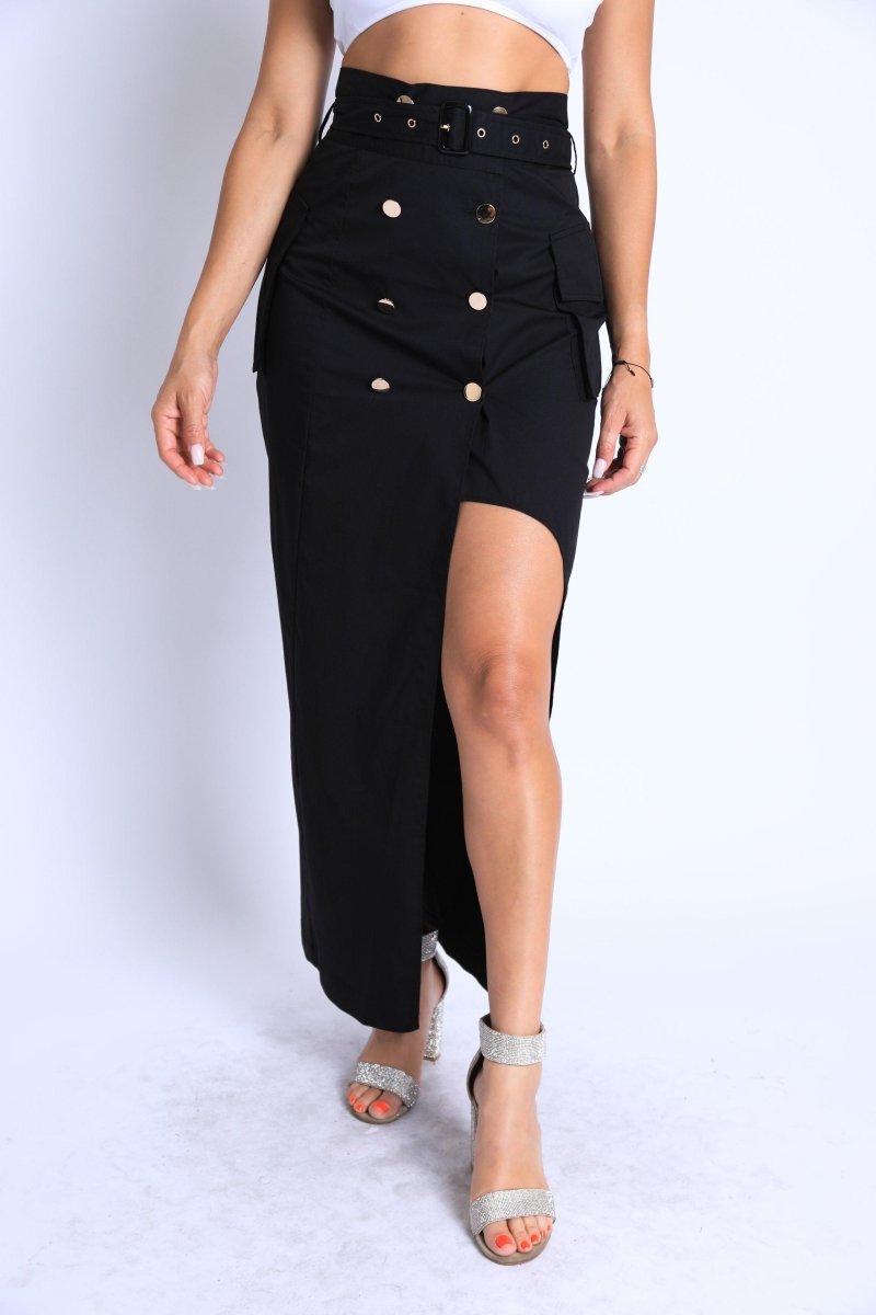 Asymmetric Self Belted Pockets Detailed Maxi Skirt Formal Casual - Brand My Case