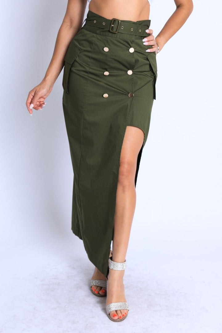 Asymmetric Self Belted Pockets Detailed Maxi Skirt Formal Casual - Brand My Case