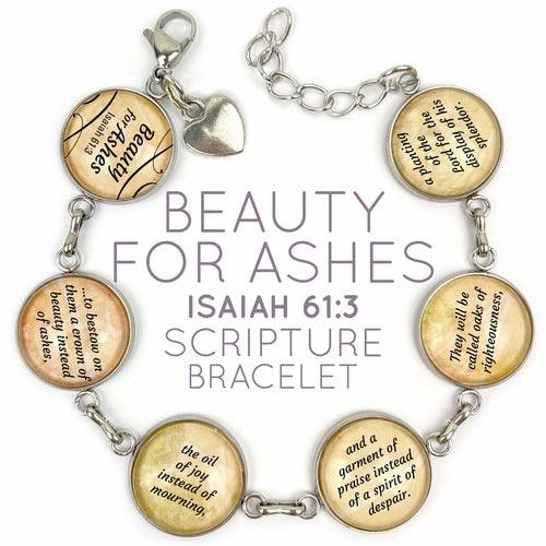 "Beauty for Ashes" Isaiah 61:3 Scripture Bracelet – Glass Charm - Brand My Case