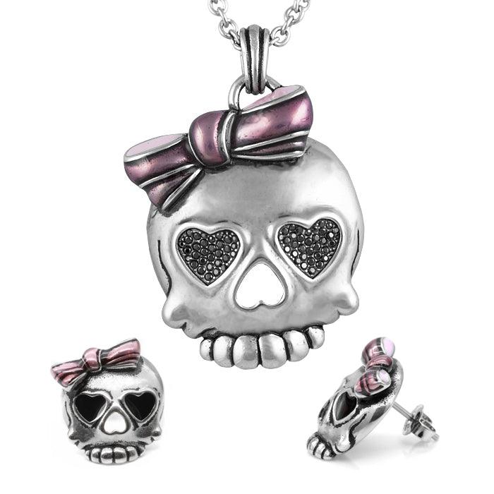 Bejeweled Badass in Pink Skull Necklace & Earrings Set - Brand My Case