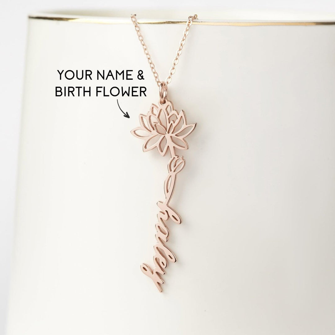 Birth Flower Name Necklace, Custom Name Jewelry, Floral Name Necklace - Brand My Case