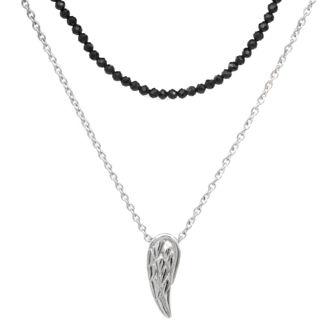 Black Spinel Beaded Steel wing double chain necklace - Brand My Case