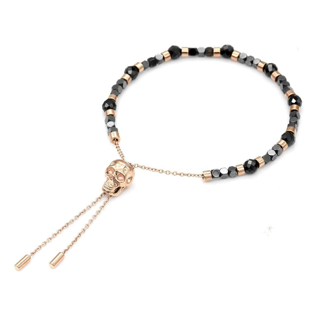 Black Spinel beads Rose Gold skull pull-chain bracelet - Brand My Case