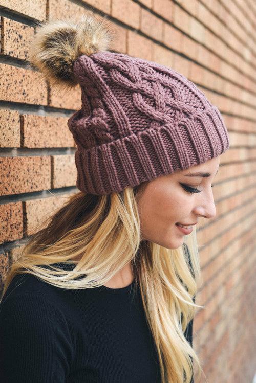 Cable Knit Beanie with Faux Fur Pom - Brand My Case