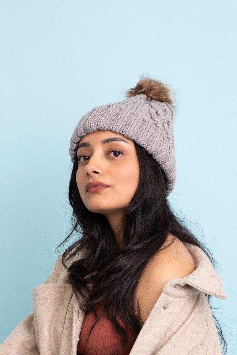 Cable Knit Beanie with Faux Fur Pom - Brand My Case