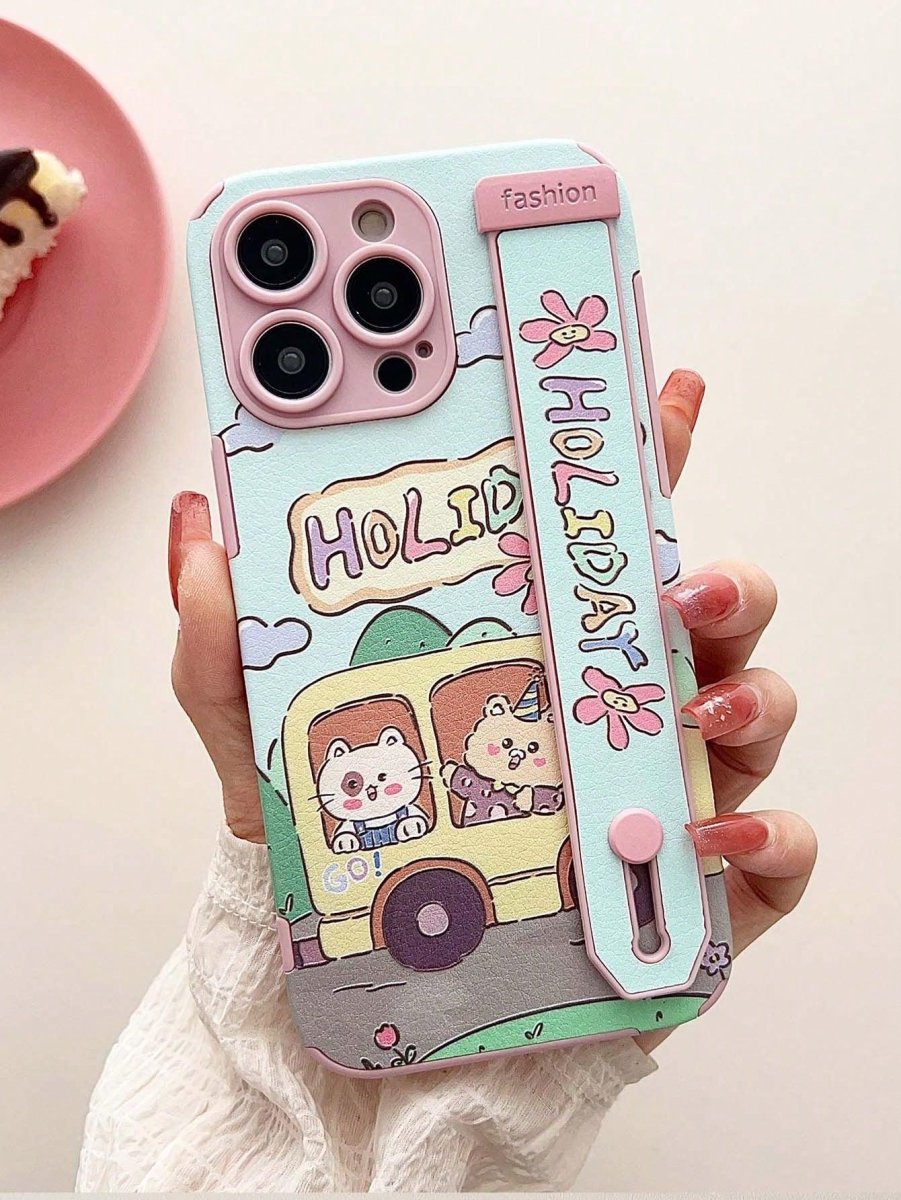 Cartoon Cat Bear Pattern PU Phone Case With Wrist Strap - Brand My Case
