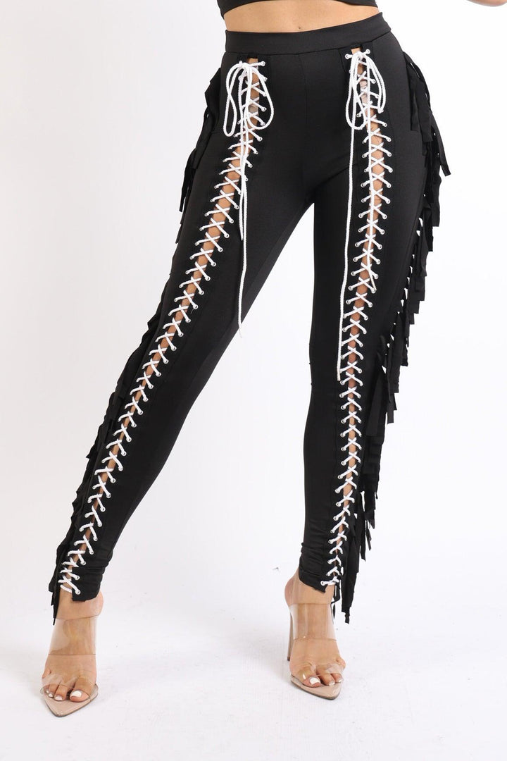 Chic Lace up Detailed Fringe Tassel Pants Leggings BLACK - Brand My Case