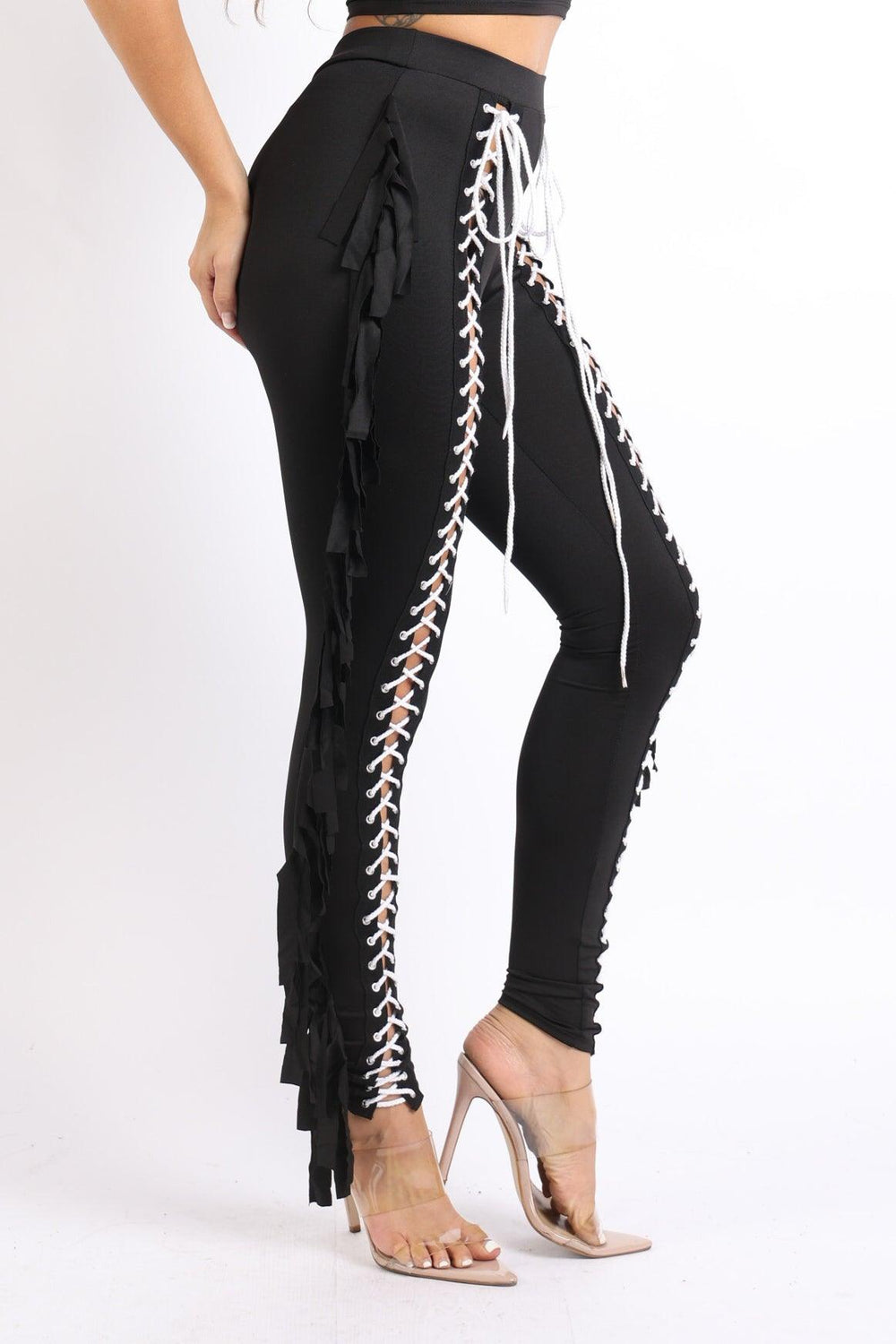 Chic Lace up Detailed Fringe Tassel Pants Leggings BLACK - Brand My Case