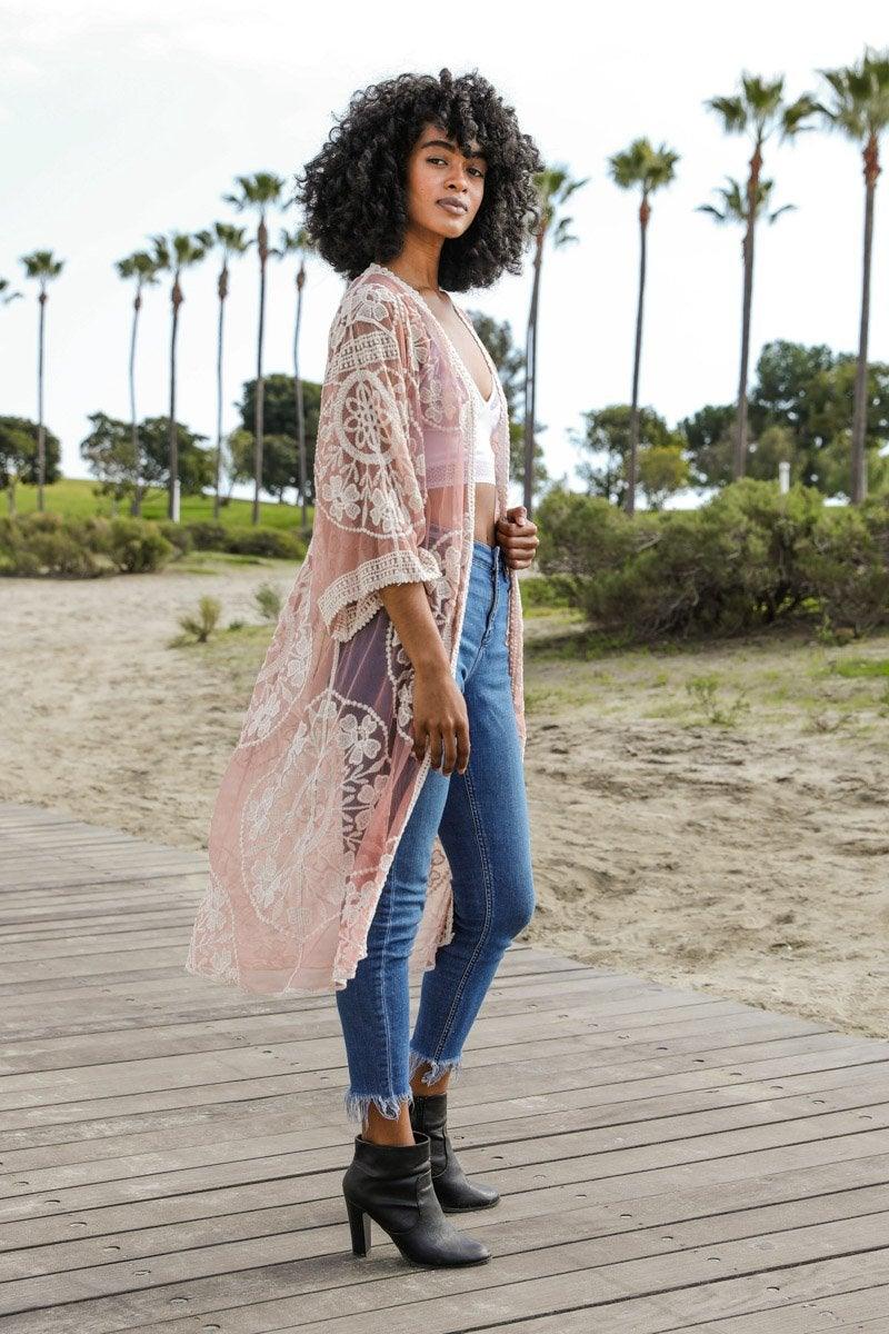 Contrast Mesh Cotton Lace Kimono - Brand My Case