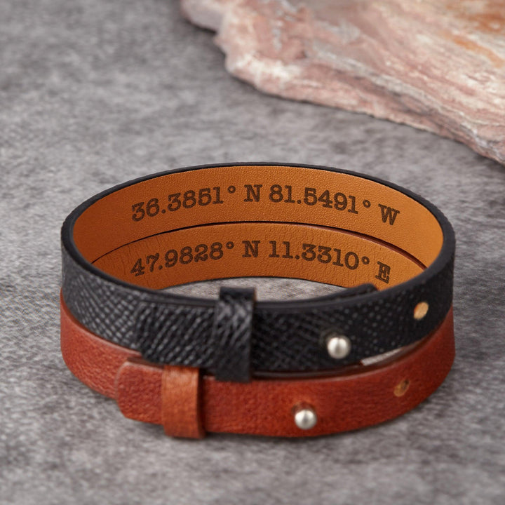 Coordinates Hidden Engraved Leather Bracelet, Anniversary Gift for Him - Brand My Case