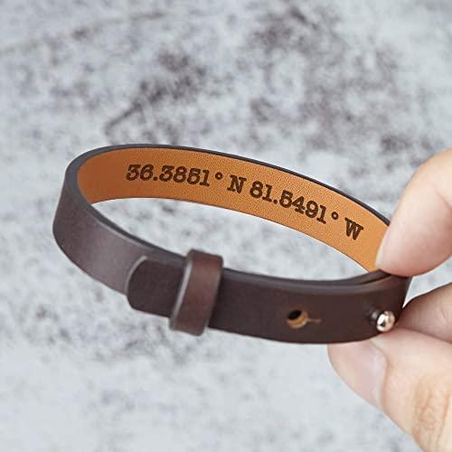 Coordinates Hidden Engraved Leather Bracelet, Anniversary Gift for Him - Brand My Case