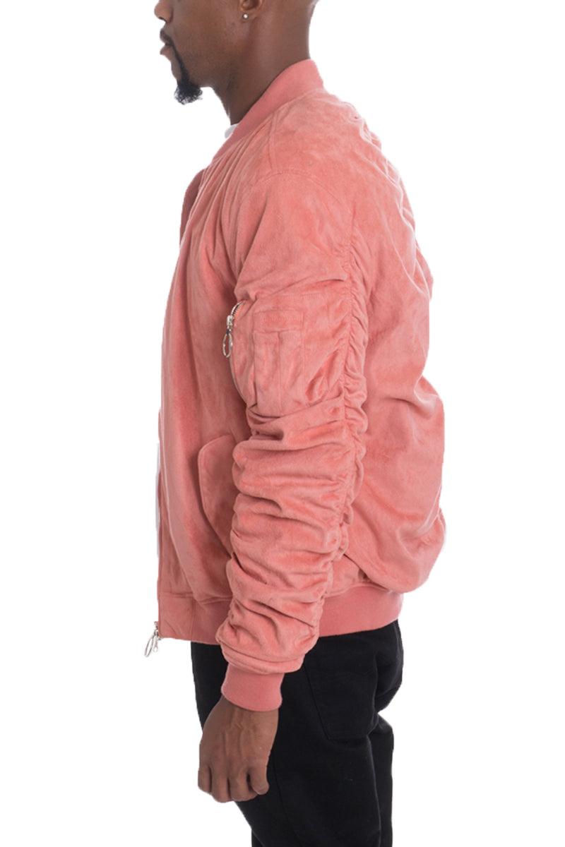 Coral Pink Faux Suede Tagged Bomber - Brand My Case