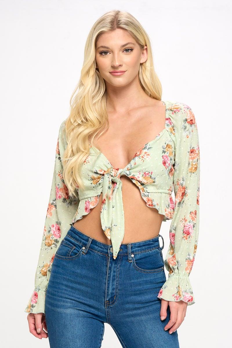 Crop blouse cardian top tie front long sleeve - Brand My Case