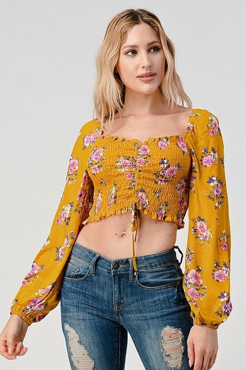 Crop Top Smock Ruched Top In Ditsy Jacquard - Brand My Case