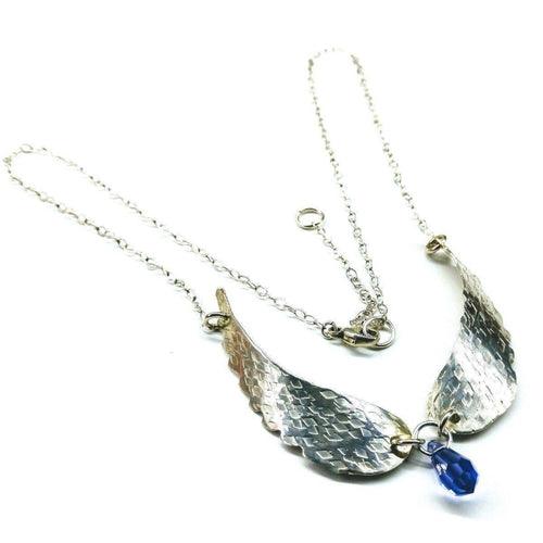 Crystal Drop Sterling Silver Sculpted Angel Wings Necklace - Brand My Case