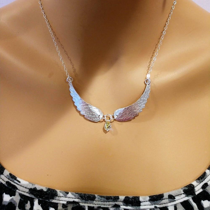 Crystal Drop Sterling Silver Sculpted Angel Wings Necklace - Brand My Case
