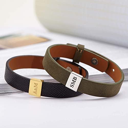 Custom Initial Leather Bracelet For Men, Couple Initials Bracelet - Brand My Case