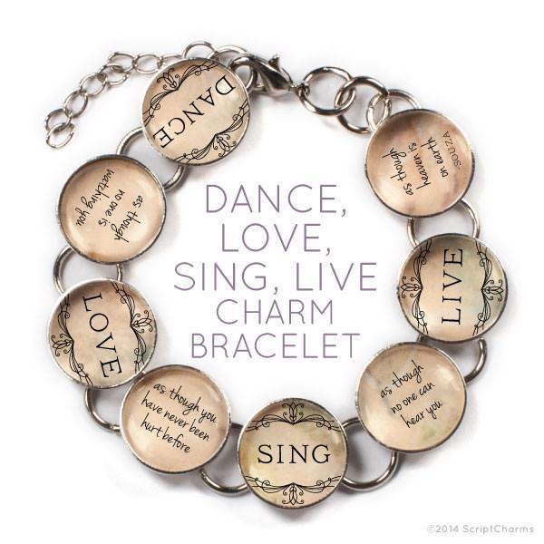 Dance, Love, Sing, Live - Glass Charm Bracelet with Heart Charm - Brand My Case
