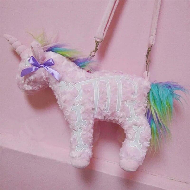 Dark Punk Unicorn Backpack Gothic Rock Pink Plush Flying Horse Skeleton Stuffed Crossbody Bag high quality gift for friends - Brand My Case