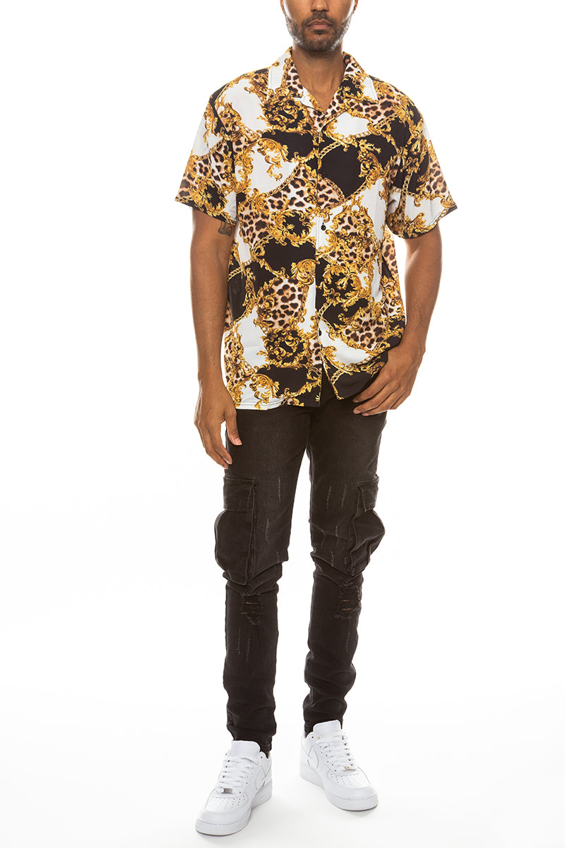Cheetah Cuban Shirt and Denim Shorts