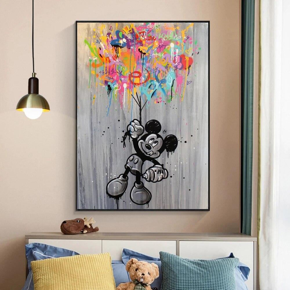Disney Anime Poster Street Graffiti Art Painting Pop Art Canvas Print Wall Art Mickey Mouse with Colors Balloon Picture Kid Room - Brand My Case
