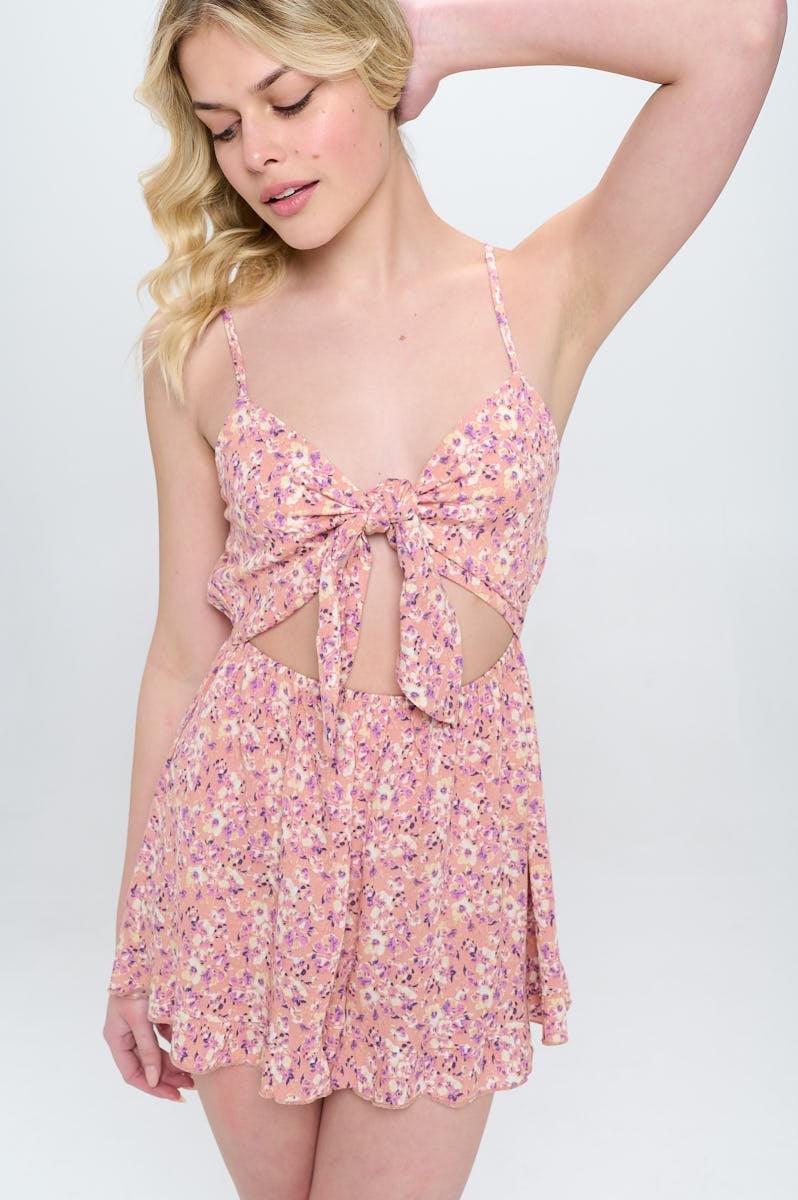Ditsy floral printed spaghetti strap tie front romper with cut out - Brand My Case