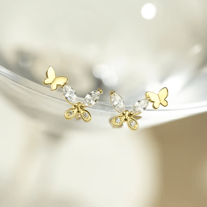Double Butterfly Earrings, CZ Crystal Earrings, Minimalist Earrings - Brand My Case