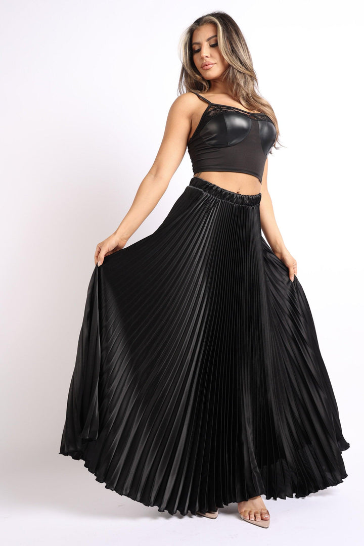 Elastic High Waist A-Line Pleated Satin Maxi Skirt BLACK - Brand My Case