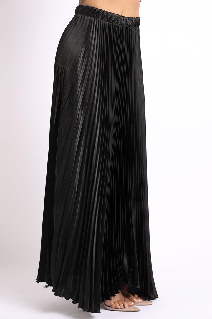 Elastic High Waist A-Line Pleated Satin Maxi Skirt Formal Prom BLACK - Brand My Case