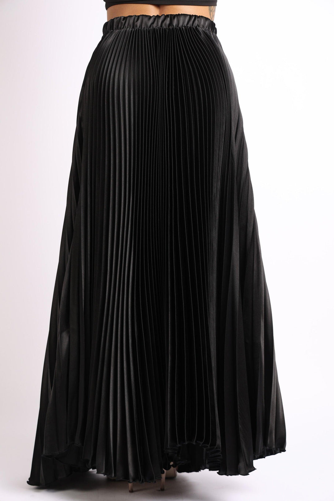 Elastic High Waist A-Line Pleated Satin Maxi Skirt Formal Prom BLACK - Brand My Case