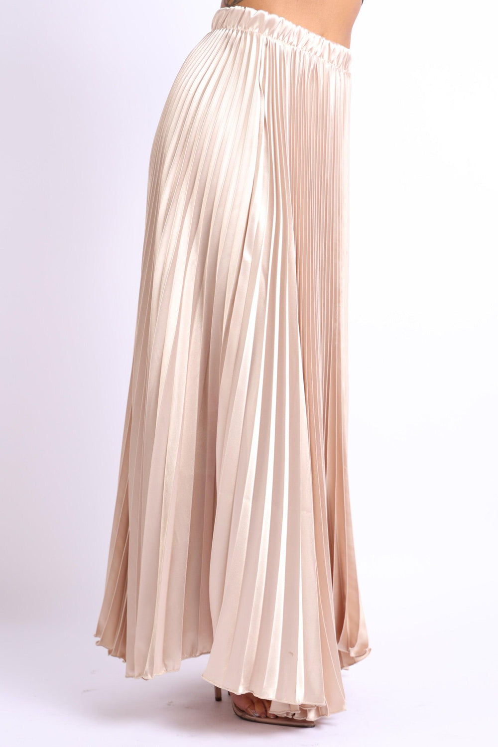 Elastic High Waist A-Line Pleated Satin Maxi Skirt Formal Prom TAUPE - Brand My Case