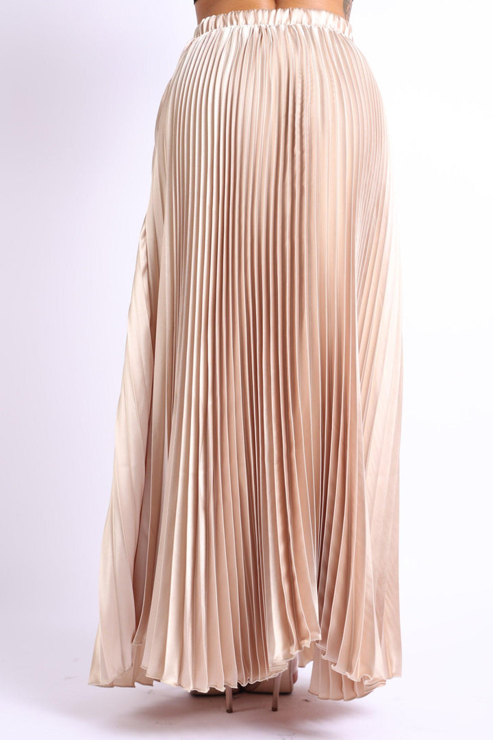 Elastic High Waist A-Line Pleated Satin Maxi Skirt Formal Prom TAUPE - Brand My Case