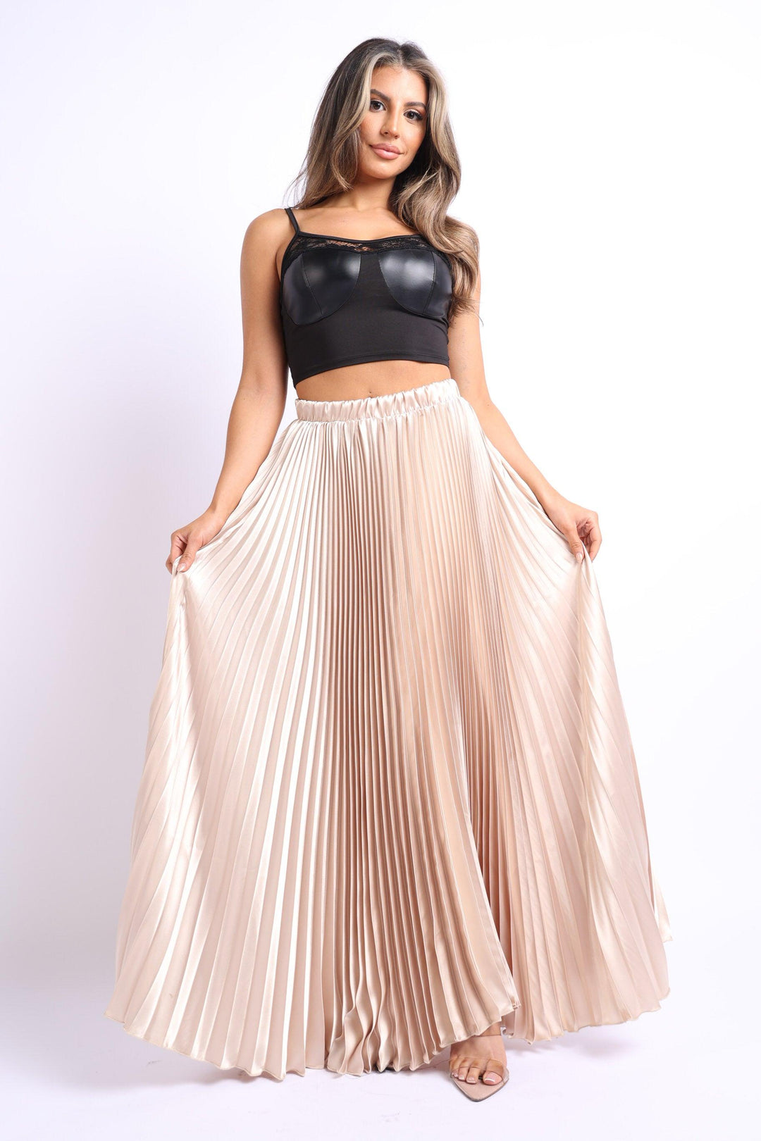 Elastic High Waist A-Line Pleated Satin Maxi Skirt TAUPE - Brand My Case