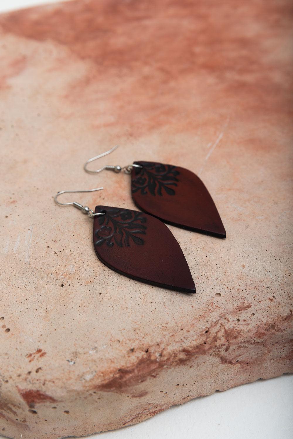Engraved Leaf Leather Earrings - Brand My Case