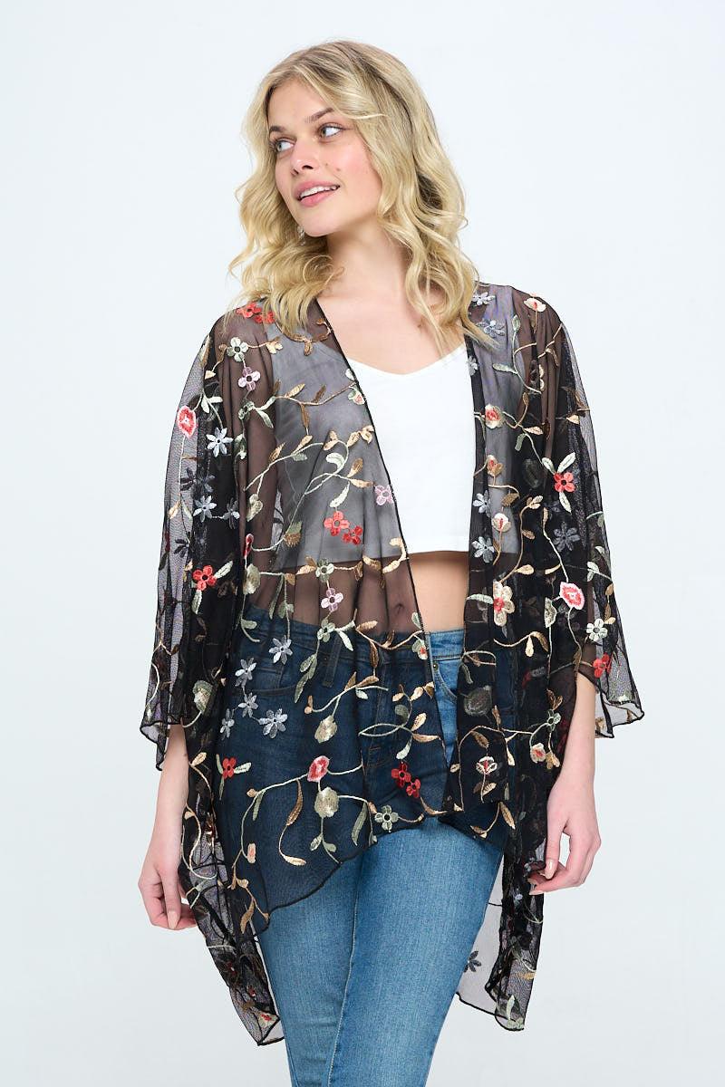 Floral embroidered mesh oversized kimono - Brand My Case